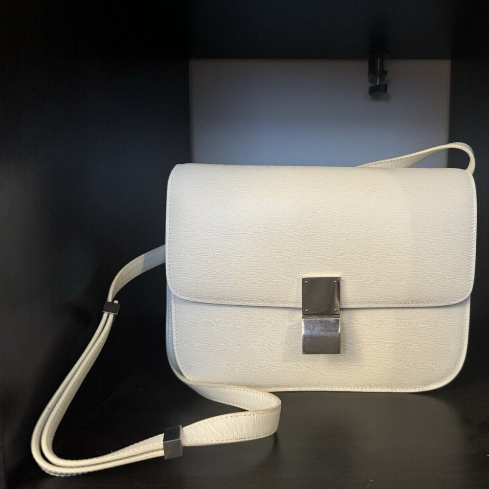 CELINE White Grained Chevre Leather Medium Classic Box Flap Bag